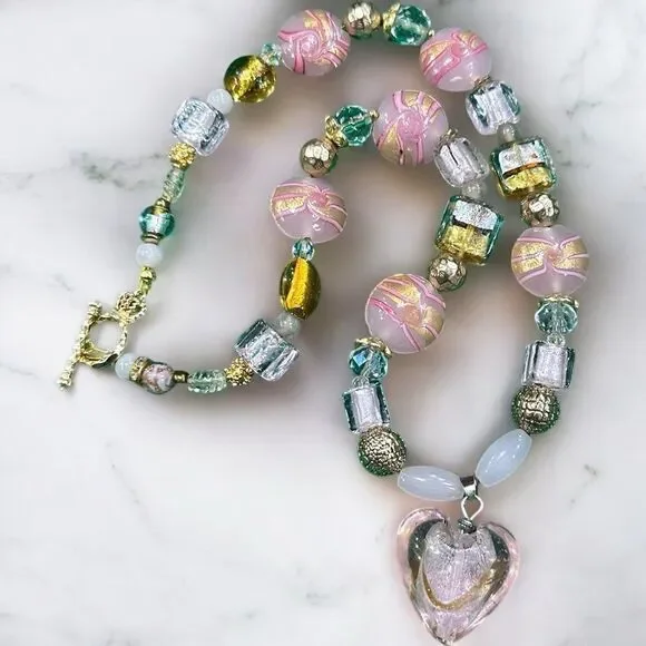 Rare One of a Kind Handmade Necklace w/ Graffiti & Gold Murano Glass Beads 18kGP - Picture 4 of 8